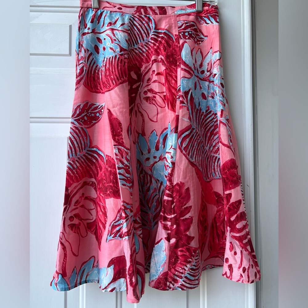 Talbots Red blue tropical Floral Midi Skirt size 8 petite lined side zip a- line